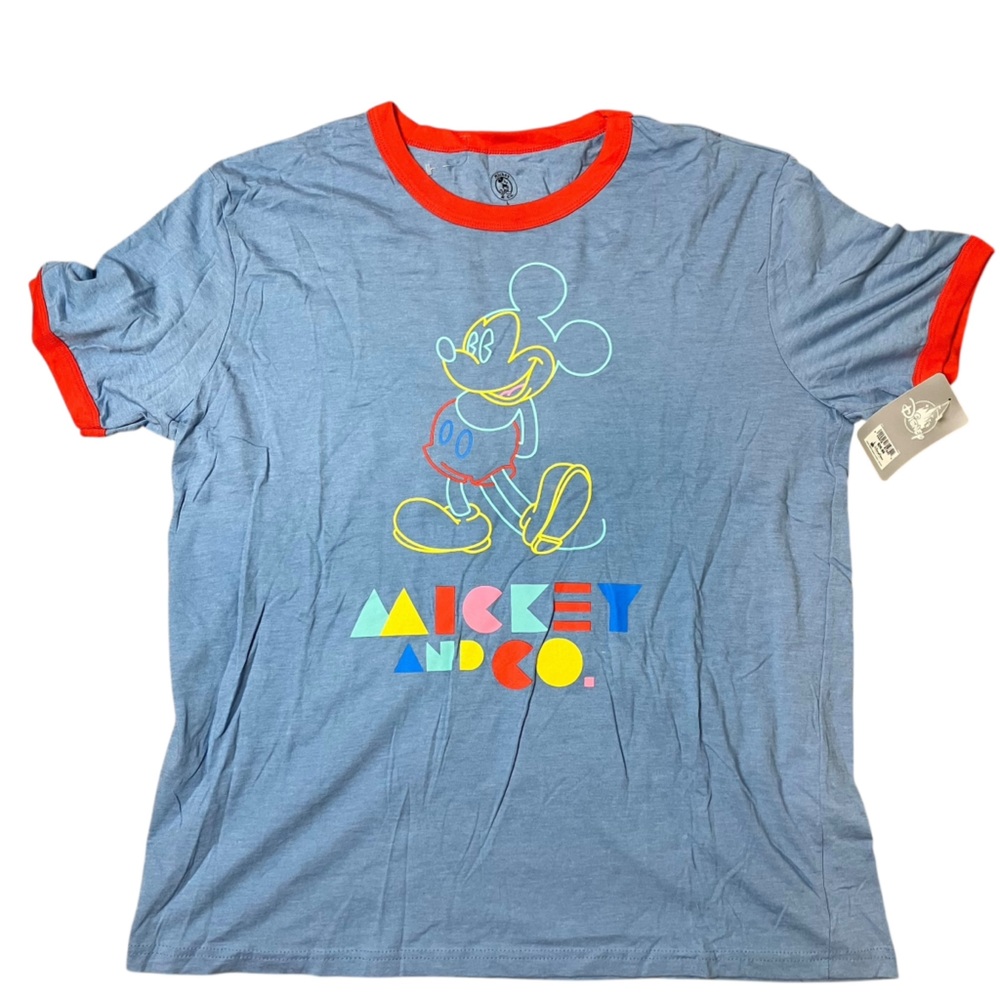 Disney Men’s L Mickey Mouse T-Shirt Ears Colorful World Logo Fun Ringer Blue Red